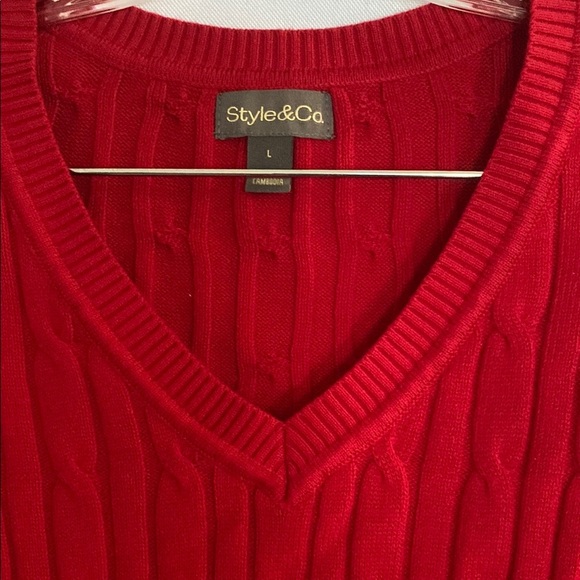 Style & Co Red V-Neck Sweater Cable Knit 100%Cotton - Picture 2 of 8